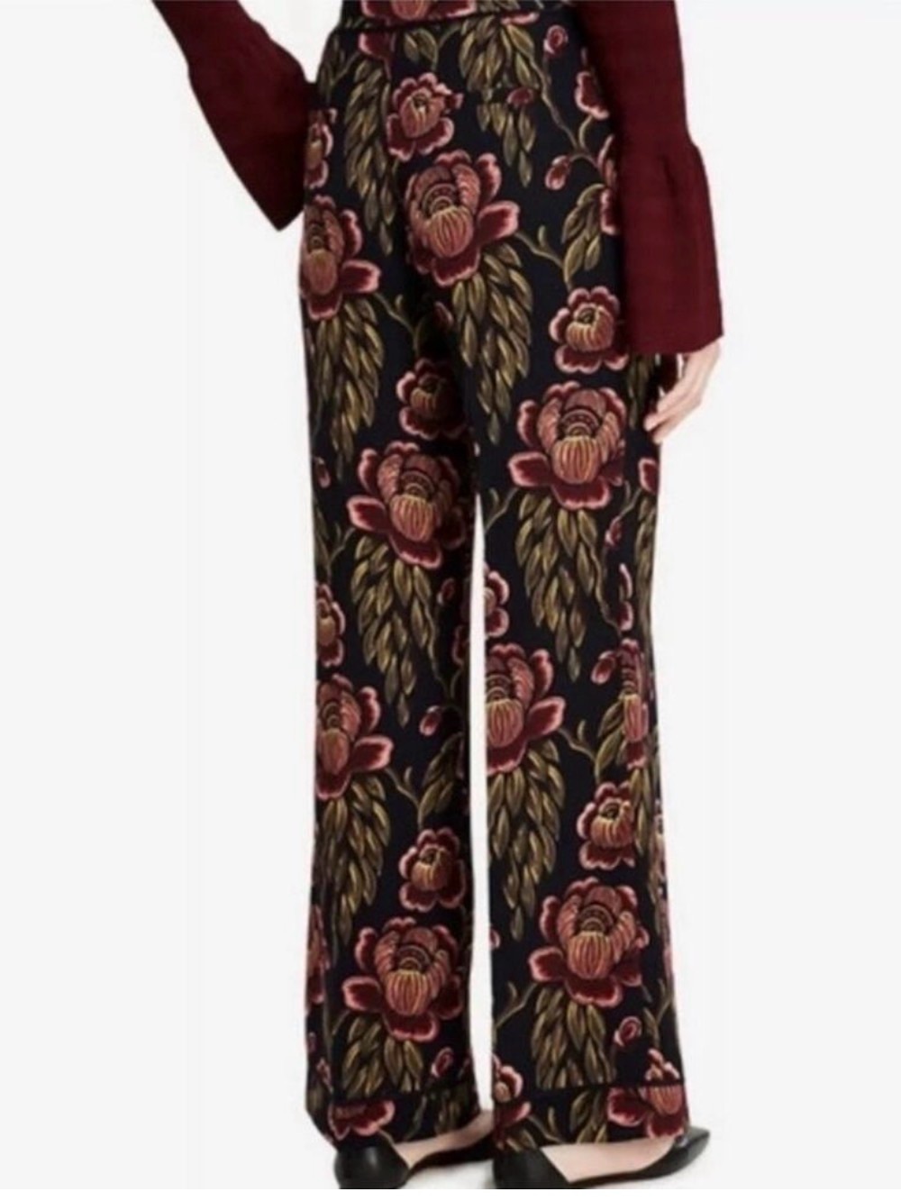 Coordinating Wide-Leg Trousers Set, V-Neck Burgundy Oversized Floral Print - Picture 10 of 14